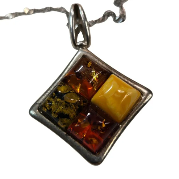 Vintage 925 Sterling Silver Amber Multi-color Pendant Necklace Women's Classic